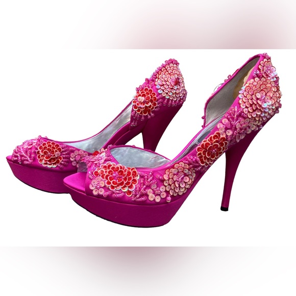 NINA NEW YORK Fuchsia Pink “Sadi” 3D Sequin Floral Flower Peep Toe Pump Heels,10 - Picture 5 of 11